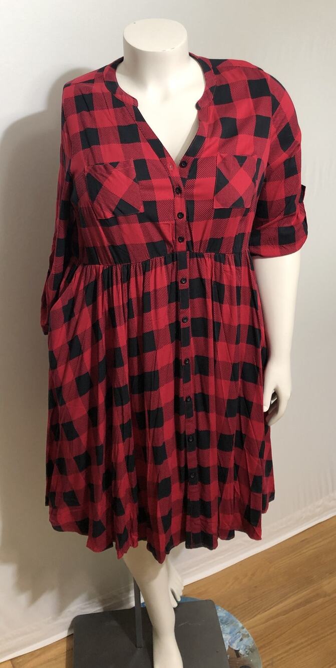 Torrid 1 1X Red Black Buffalo Plaid Faux Button Stretch Skater Dress NWT 14/16